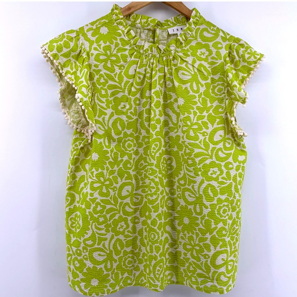 THML Lime Green Floral Seersucker Flutter Sleeve Pom Pom Top Small